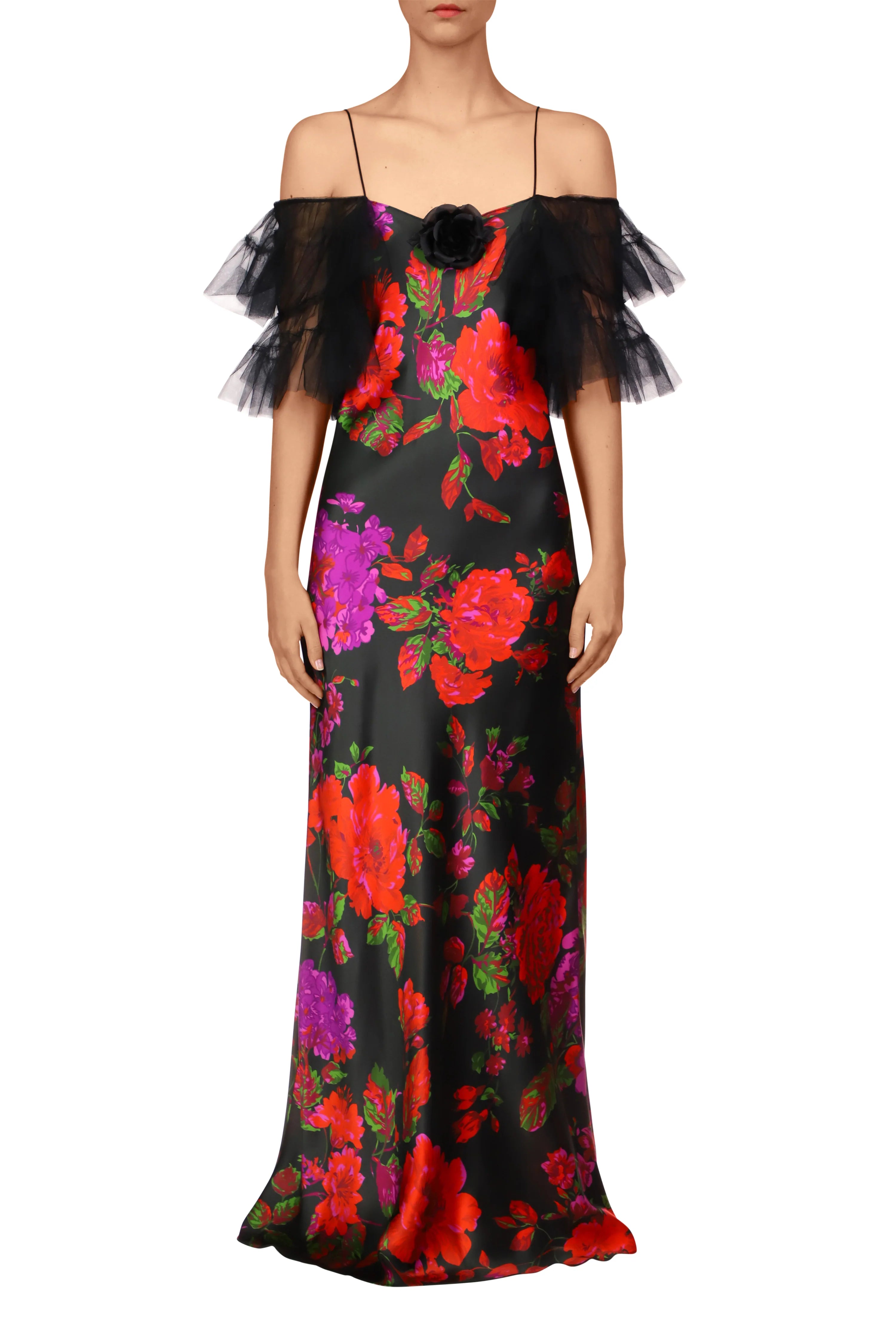 RODARTE Floral Printed Silk Bias Slip Gown With Ruffle Sleeves And Silk Flower