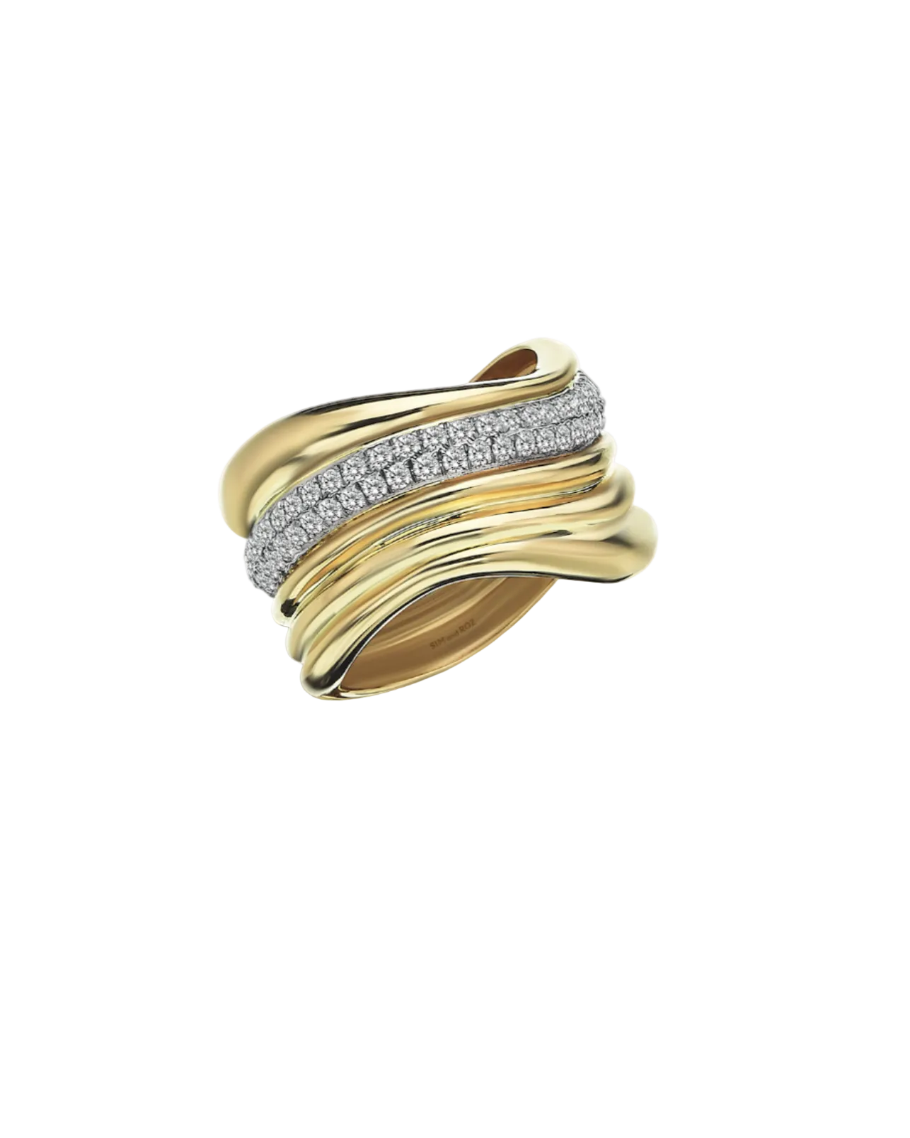Gold ring with diamond accents on a white background