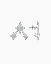 A pair of white gold ear jacket earrings with diamond embellishments in a geometric star design.