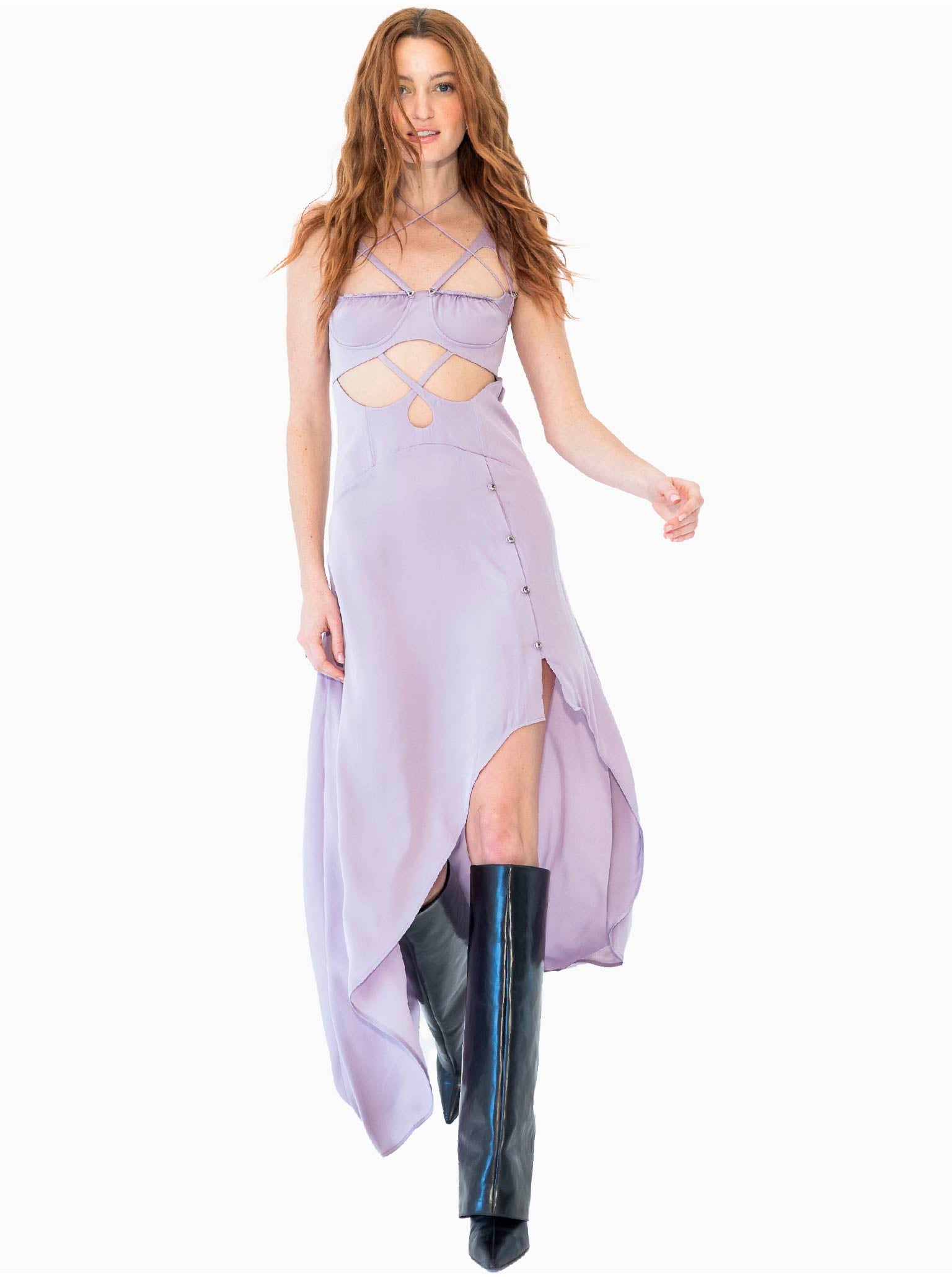 HAN WEN Silk Oval Cut-Out Corset Dress in Lavender