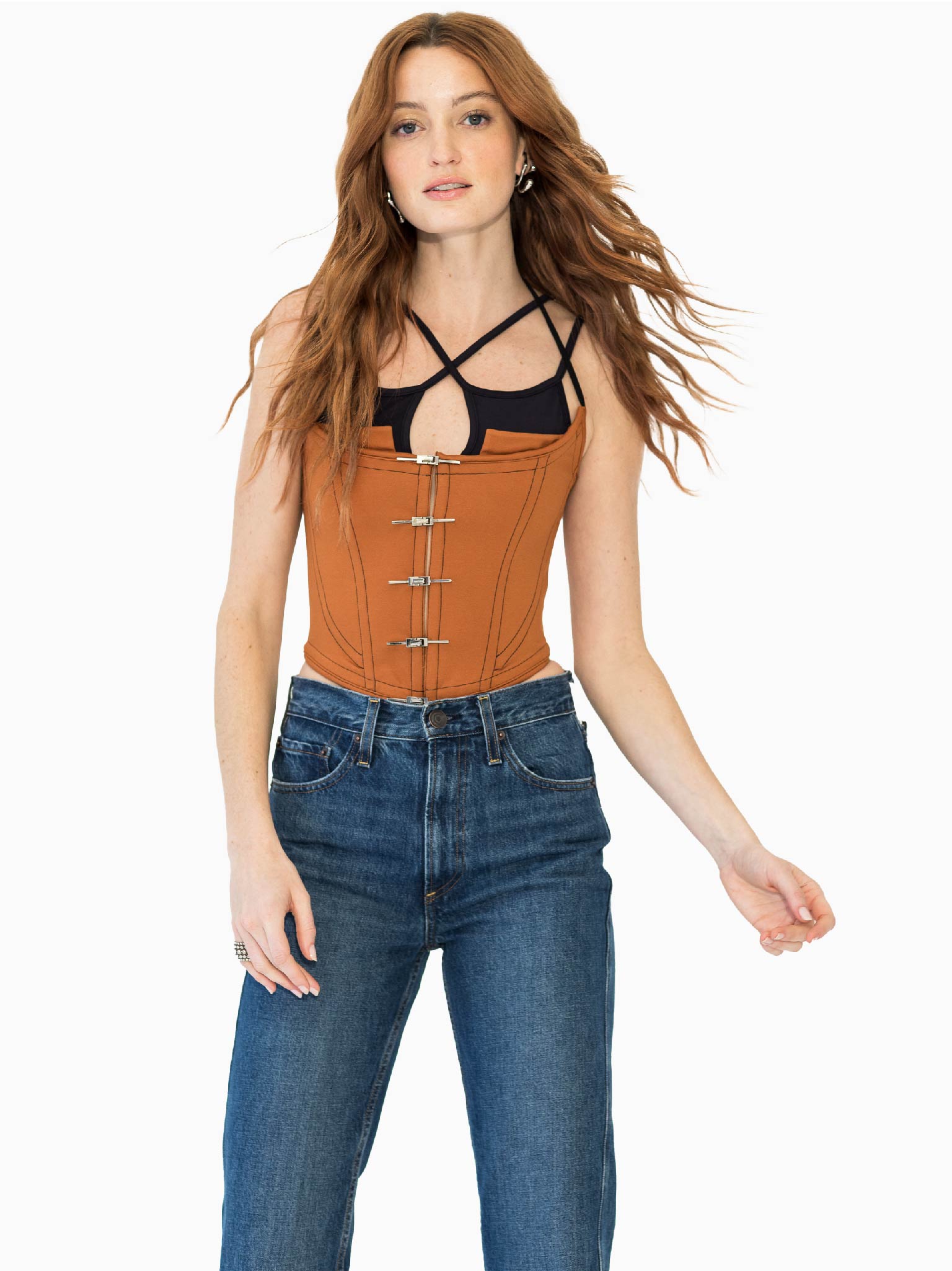 HAN WEN Stretchy X-Bralette Layered Corset Top in Brick Red