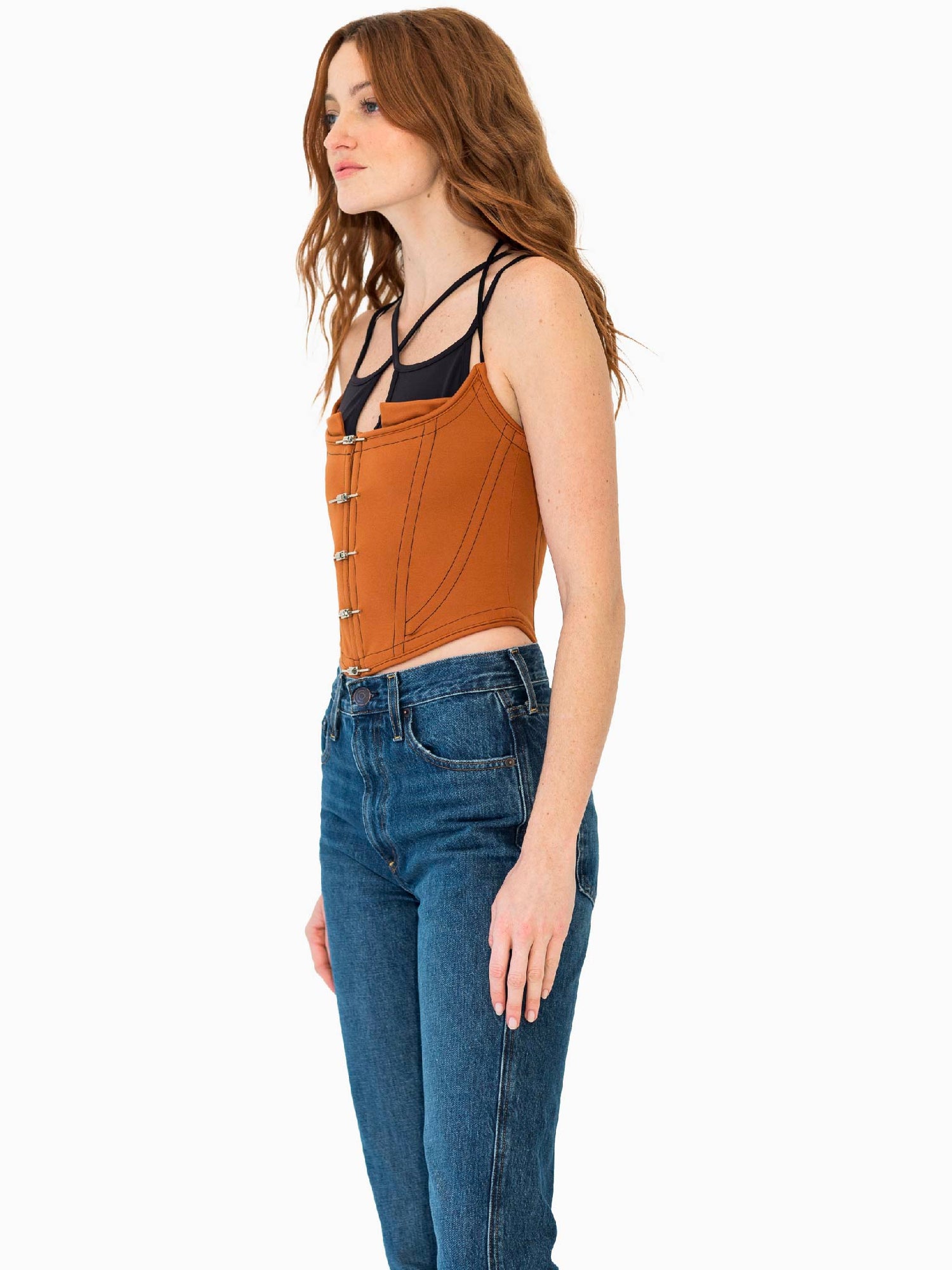 HAN WEN Stretchy X-Bralette Layered Corset Top in Brick Red