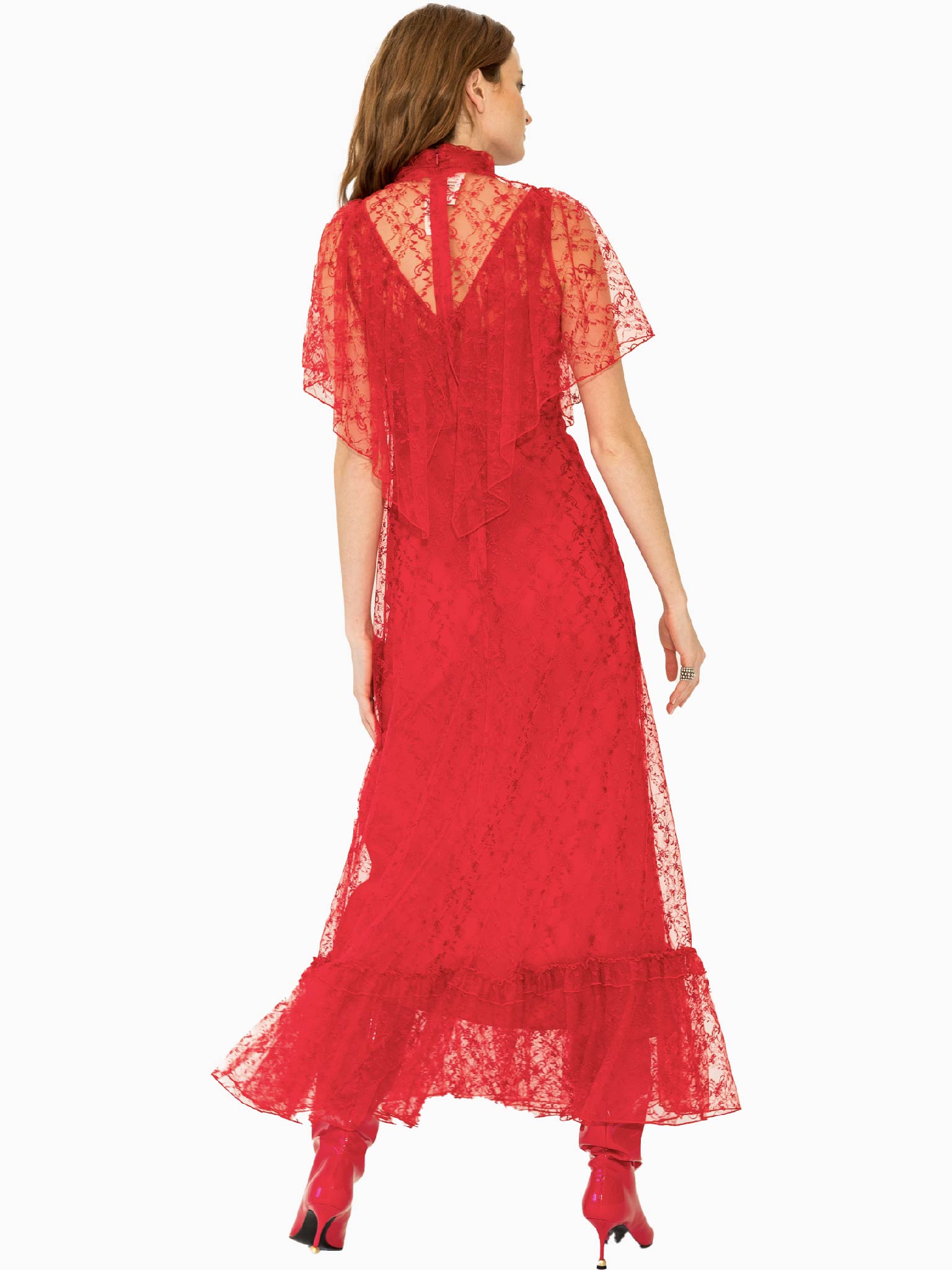 RODARTE Red Floral Lave Collar Dress With Silk Flower Detail