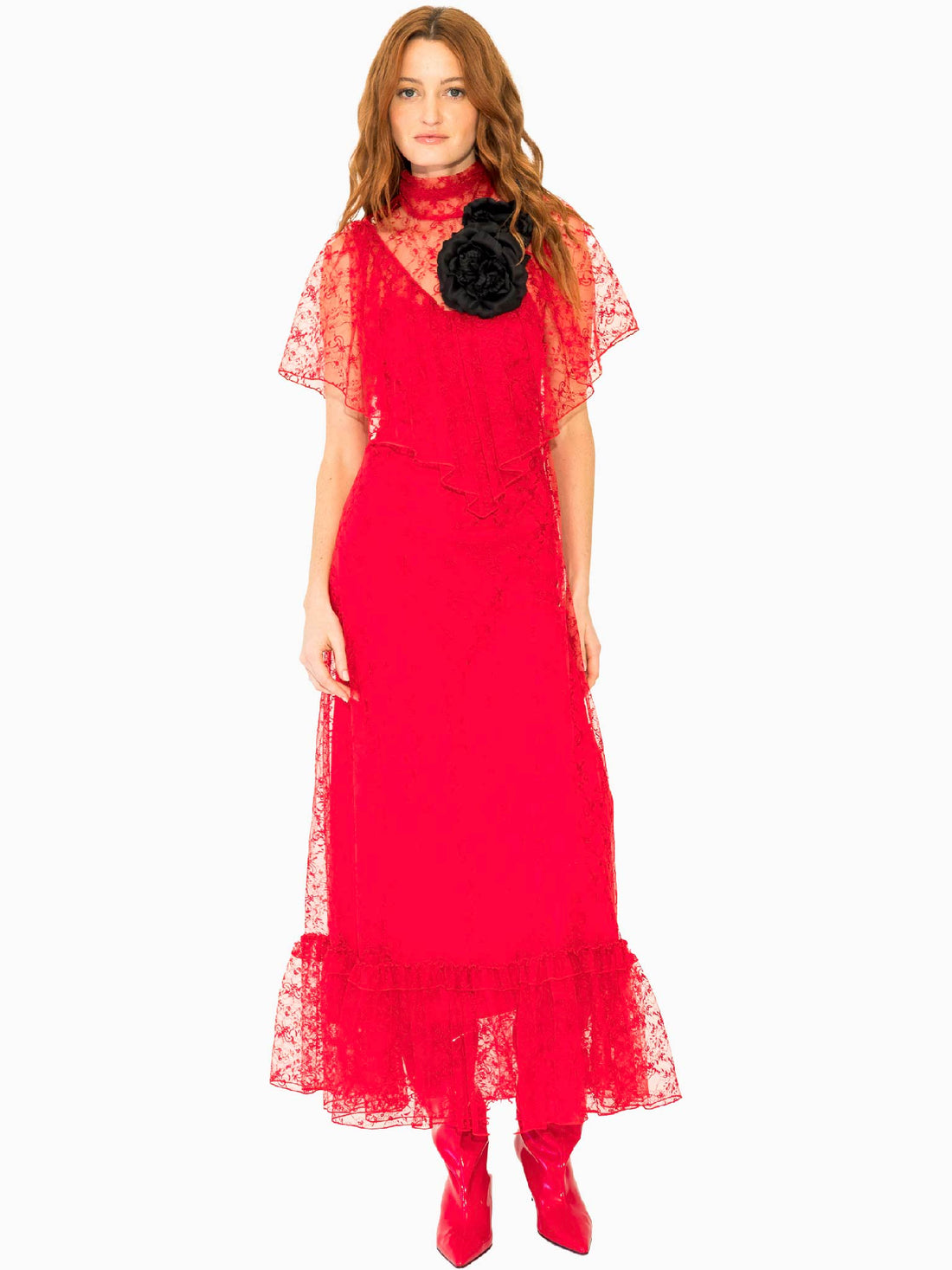 RODARTE Red Floral Lave Collar Dress With Silk Flower Detail