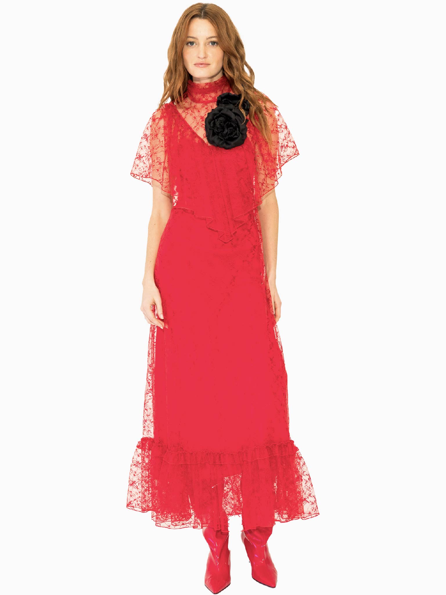 RODARTE Red Floral Lave Collar Dress With Silk Flower Detail