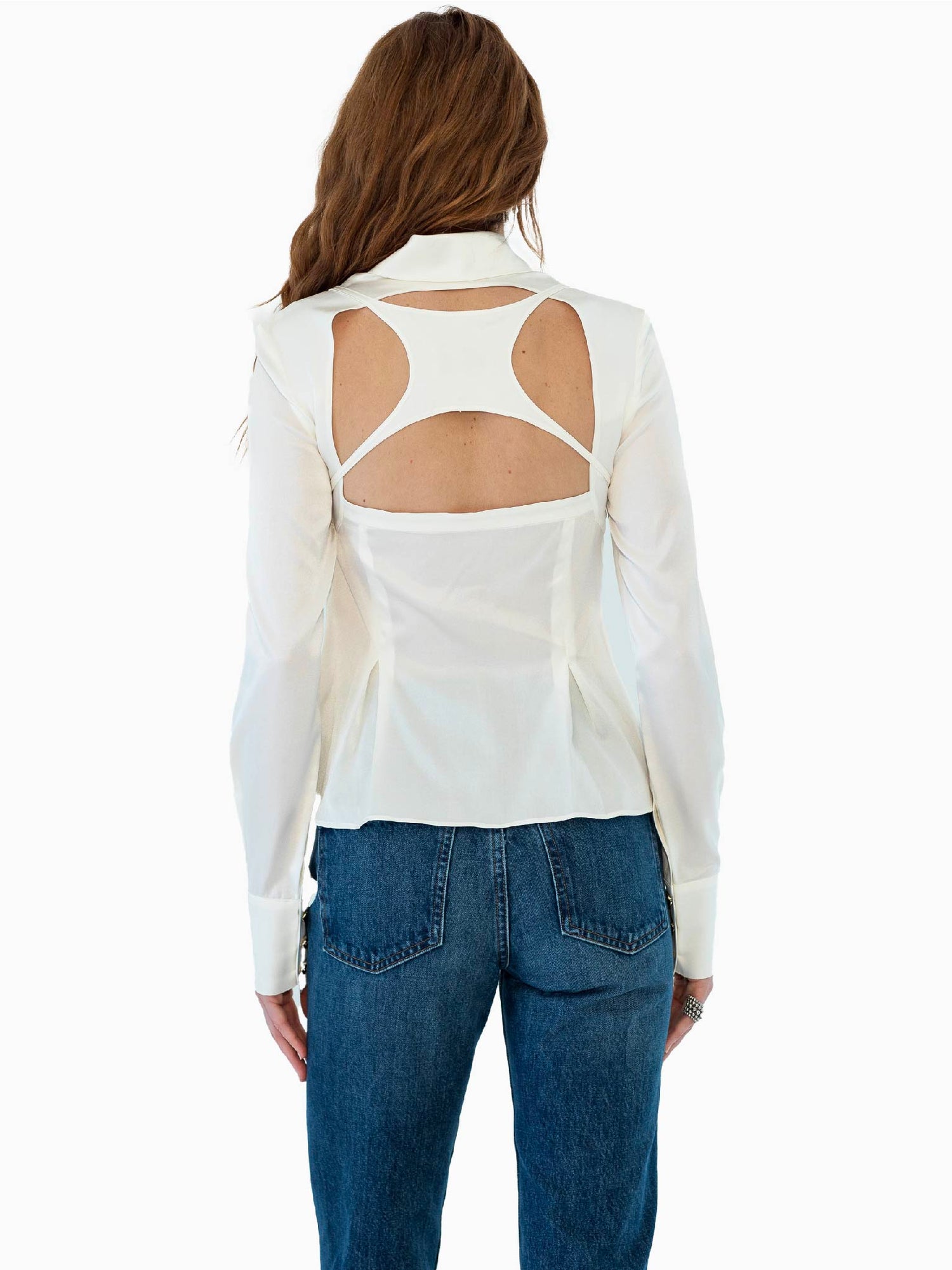 HAN WEN Silk Billboard Open-Back Fitted Blouse