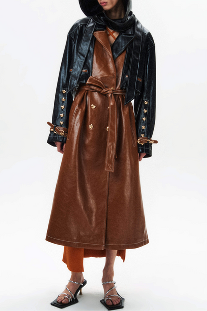 HAN WEN STUDIO Detachable Leather Hood Trench Coat in Brown