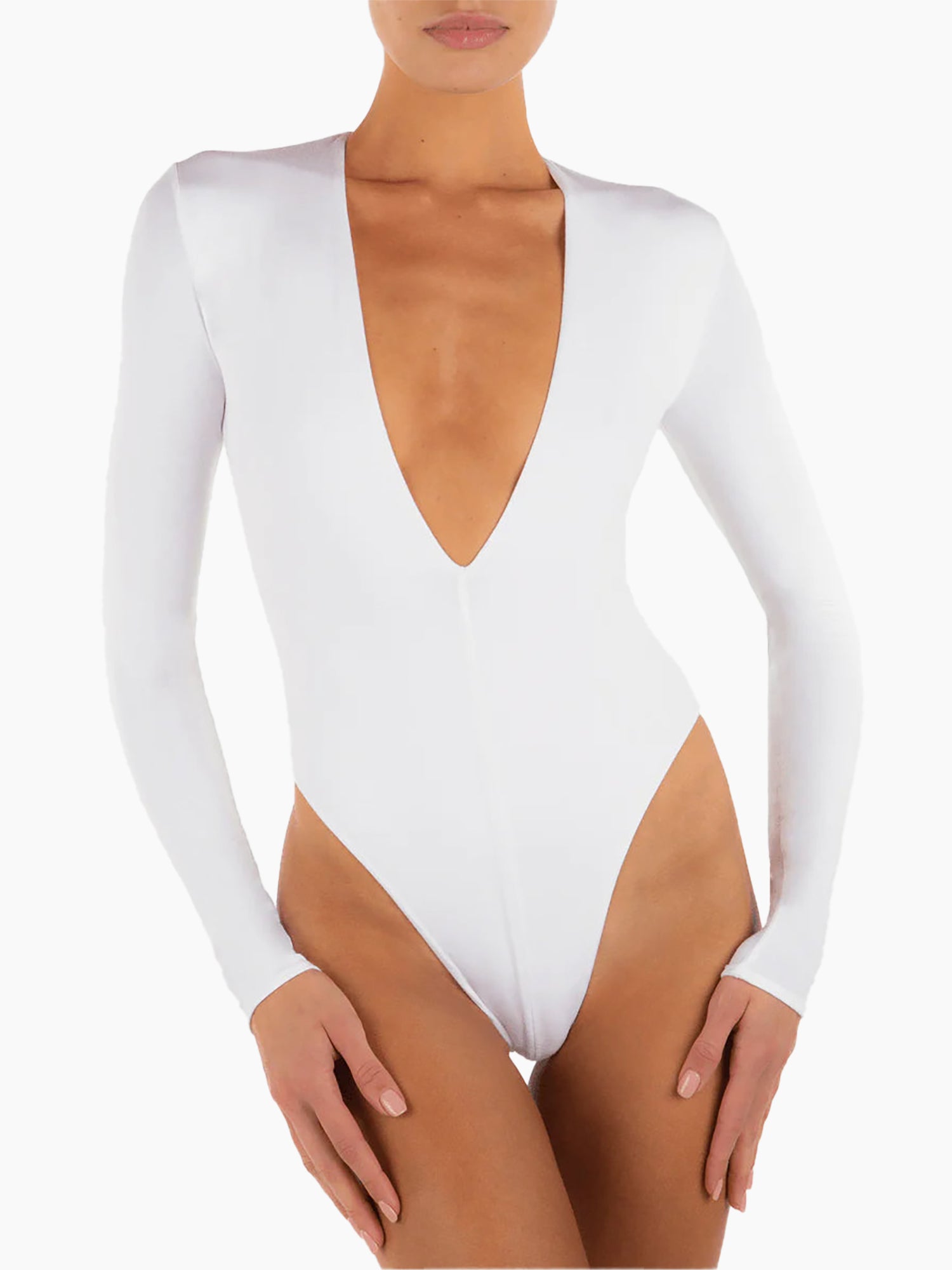 Cream plunge long sleeve bodysuit