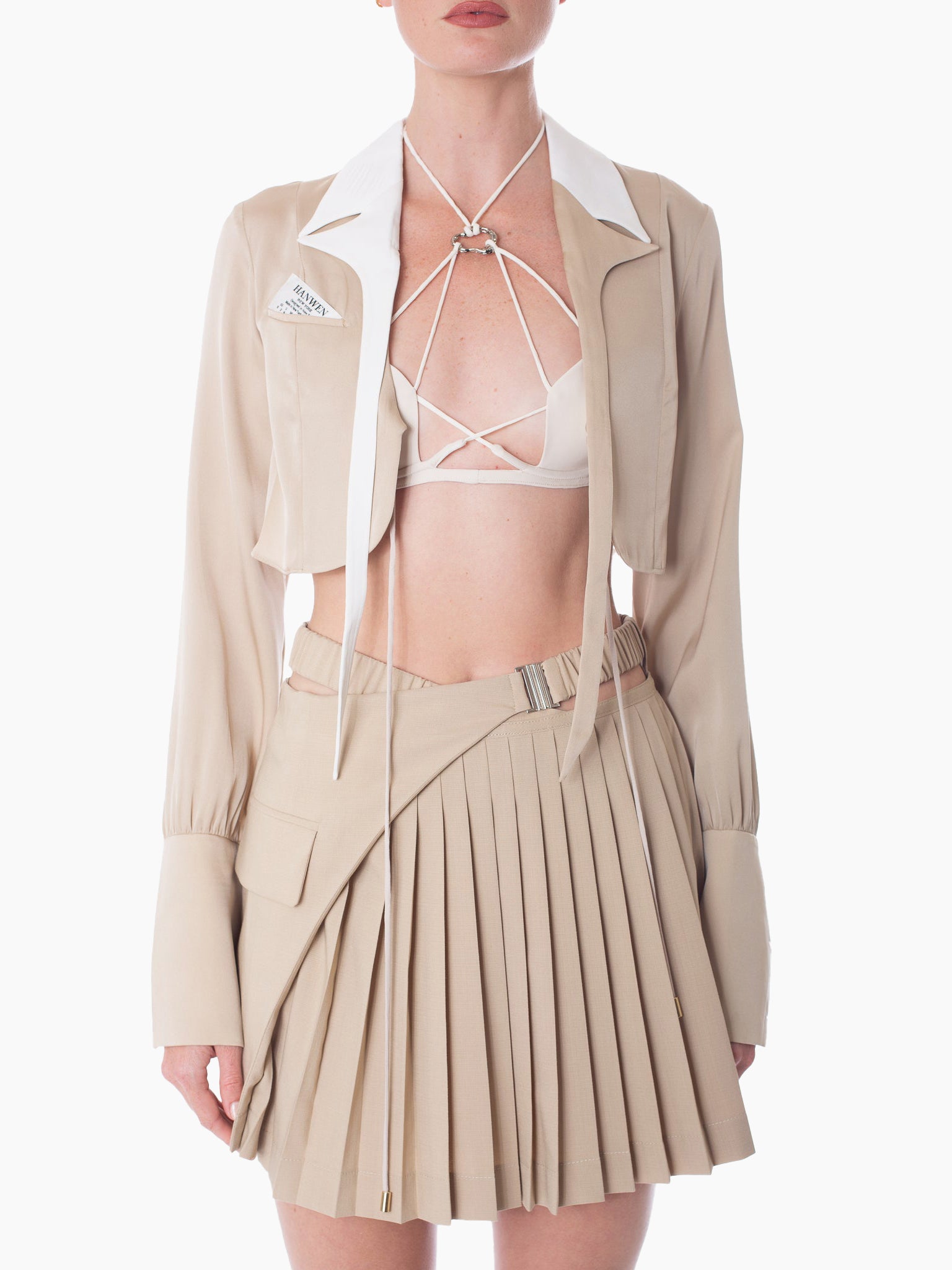 HAN WEN STUDIO Silk Assym-Cropped Strappy Notched Lapel Top