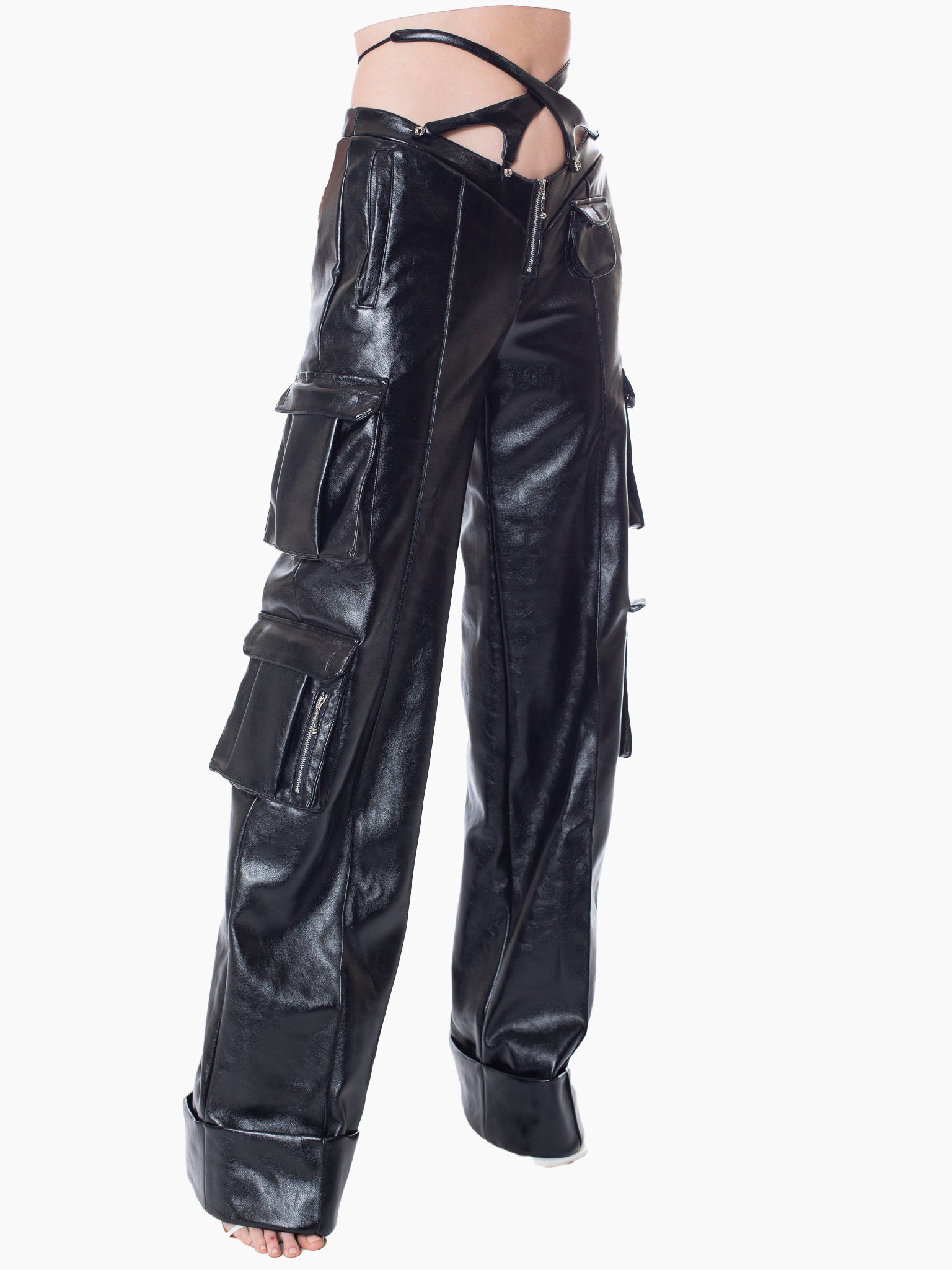 HAN WEN STUDIO V-waist Leather Cargo Pant with Detachable Strappy Waistbands