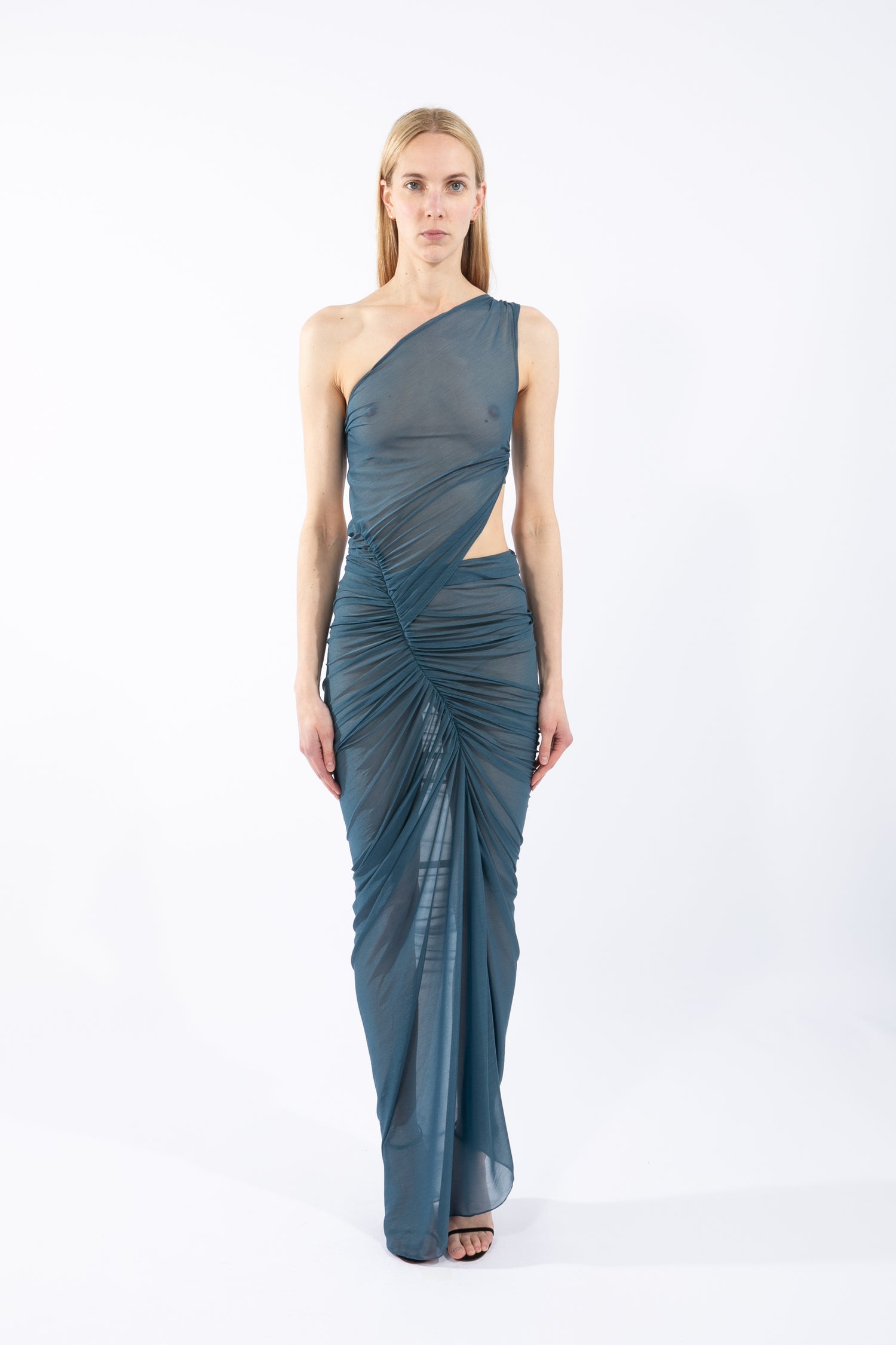 ATLEIN One Shoulder Ruched Cut-Out Gown in Blue