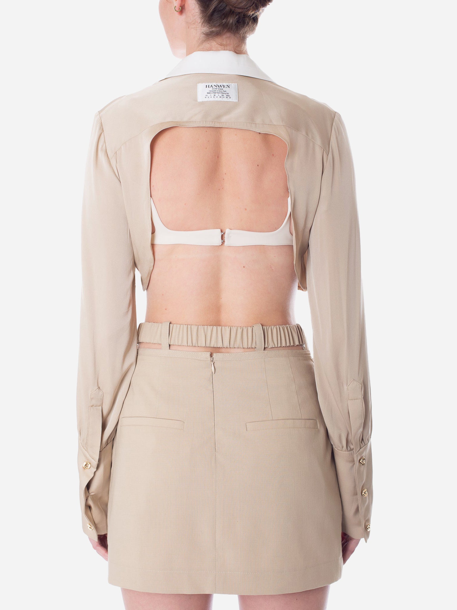 HAN WEN STUDIO Silk Assym-Cropped Strappy Notched Lapel Top