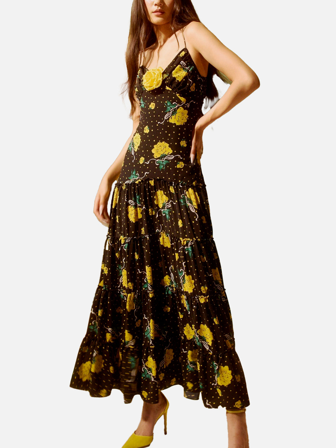 RODARTE Yellow Rose printed Silk Tiered Dress with Silk Flower