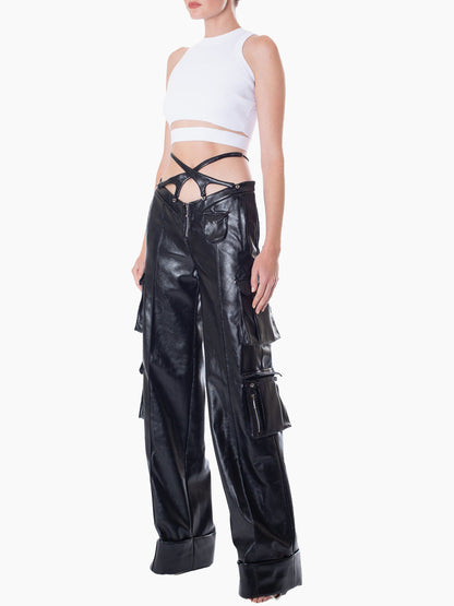 HAN WEN STUDIO V-waist Leather Cargo Pant with Detachable Strappy Waistbands