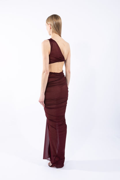 ATLEIN One Shoulder Ruched Cut-Out Gown in Burgundy