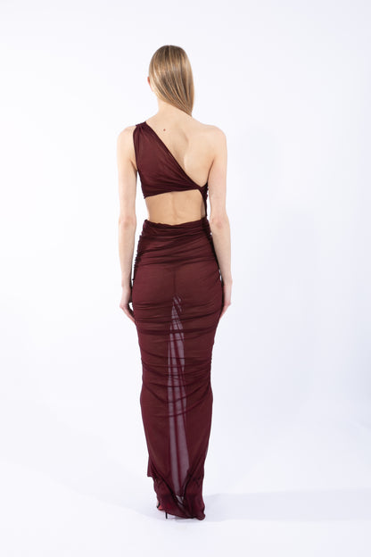 ATLEIN One Shoulder Ruched Cut-Out Gown in Burgundy