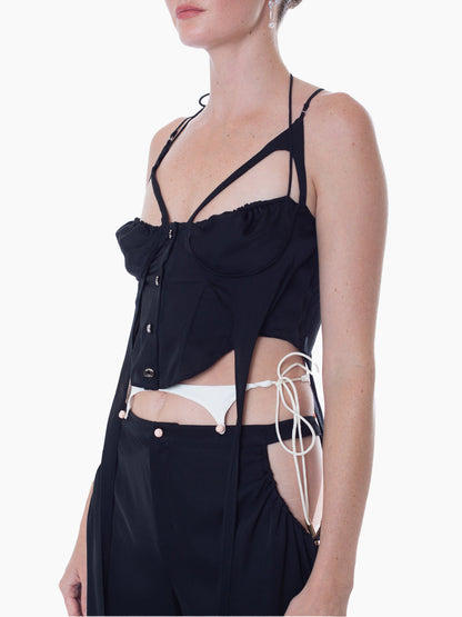 HAN WEN STUDIO Silk Strappy-Bra Flowy Corset Bralette Top