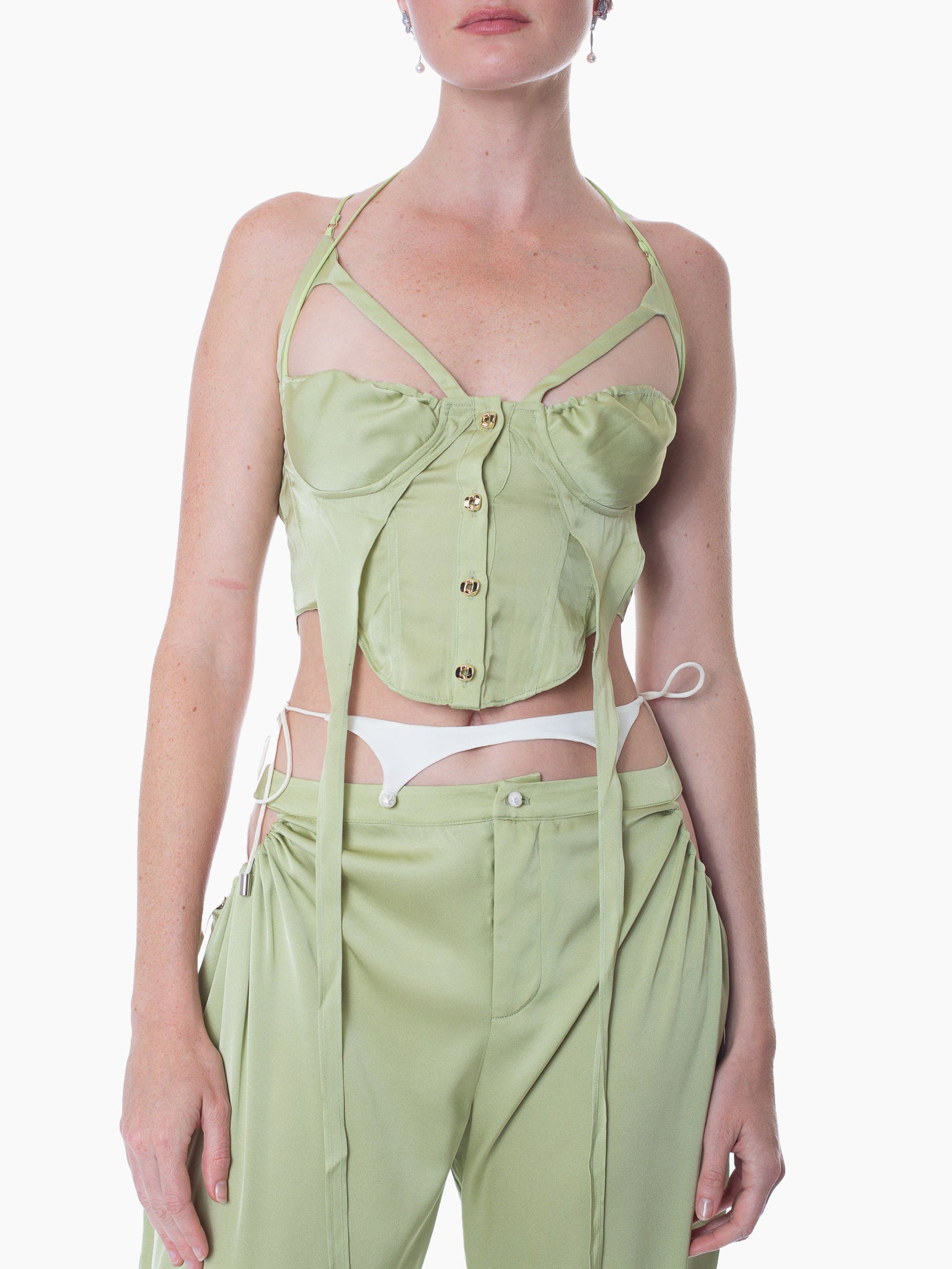 HAN WEN STUDIO Silk Strappy-Bra Flowy Corset Bralette Top