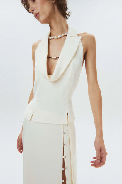 HAN WEN STUDIO Silk Open-Back Peak-Lapel Top