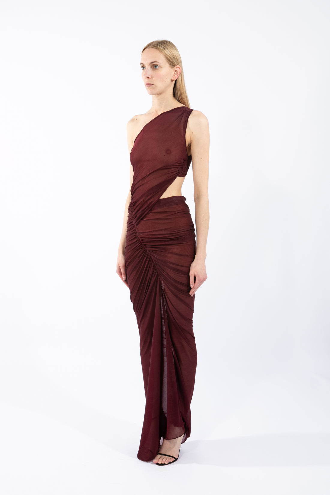 ATLEIN One Shoulder Ruched Cut-Out Gown in Burgundy