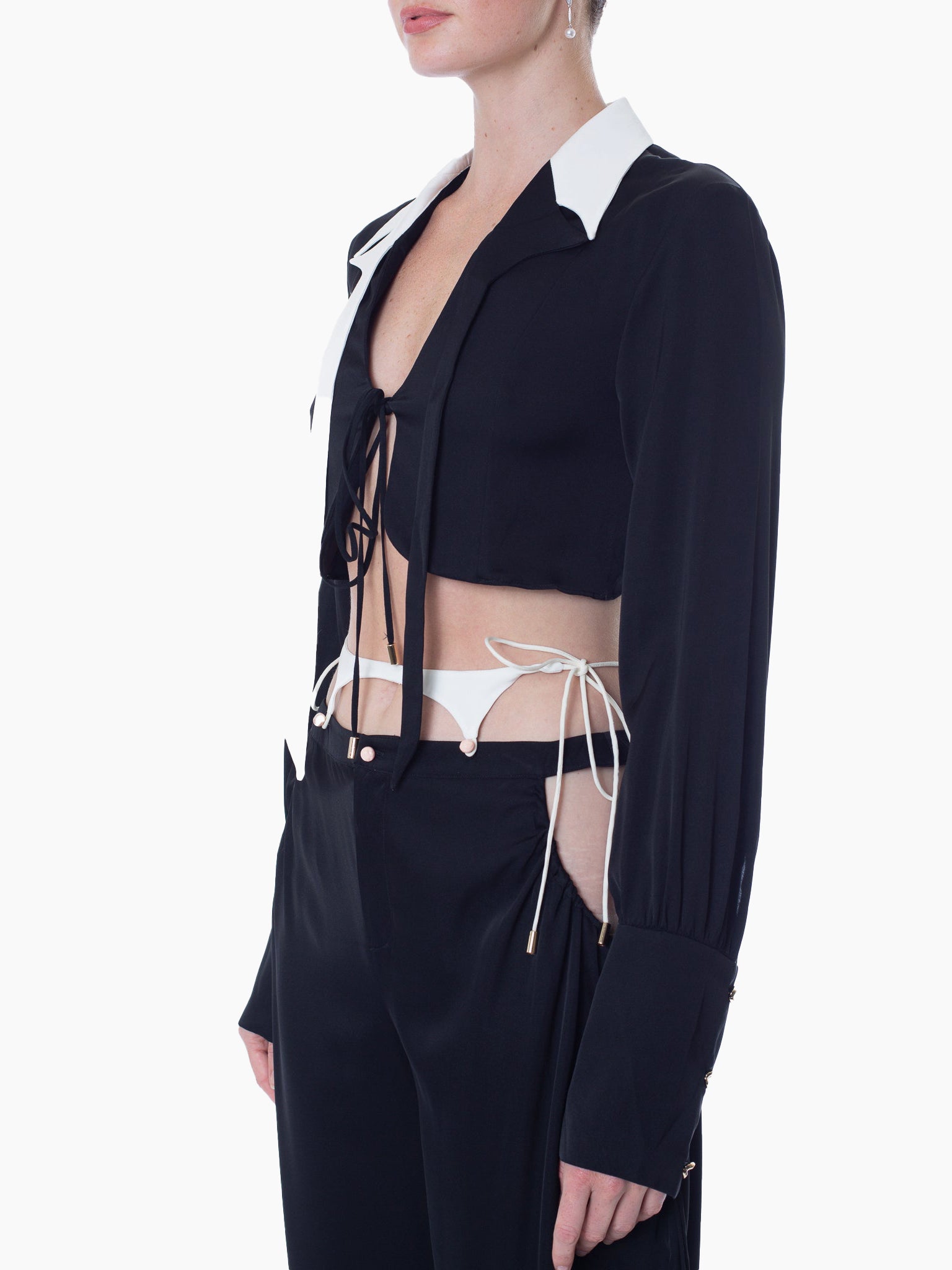 HAN WEN STUDIO Silk Assym-Cropped Strappy Notched Lapel Top