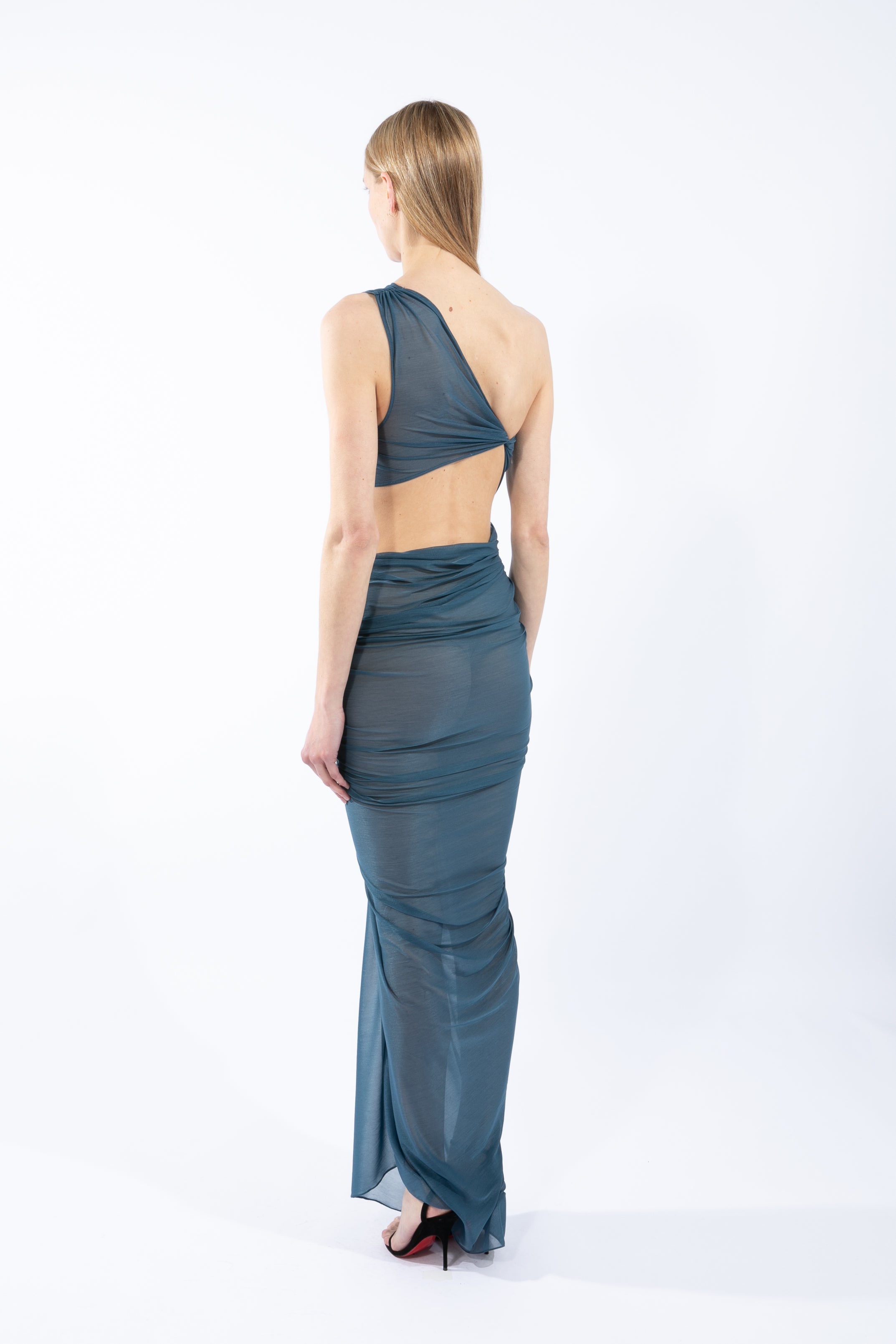 ATLEIN One Shoulder Ruched Cut-Out Gown in Blue