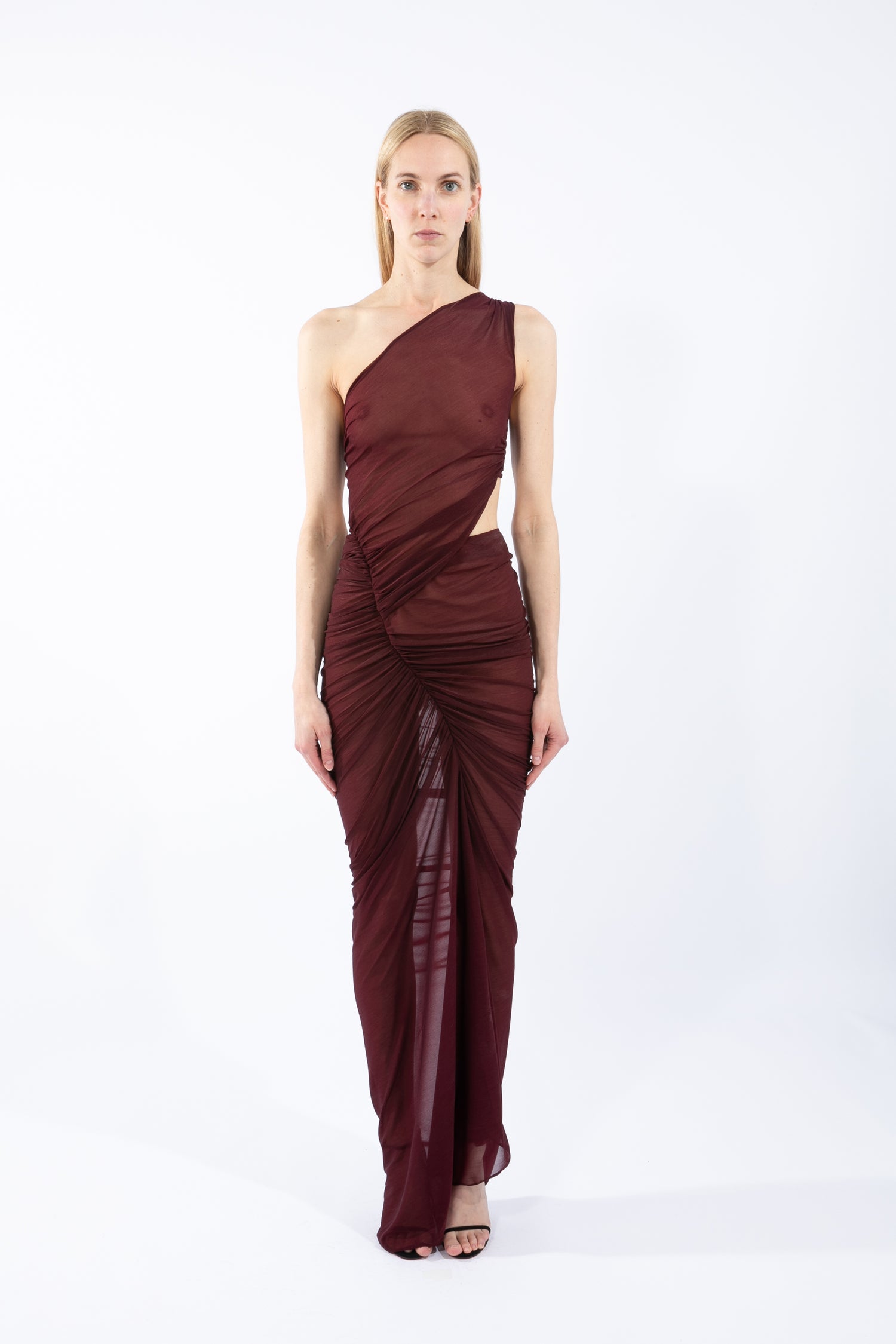 ATLEIN One Shoulder Ruched Cut-Out Gown in Burgundy