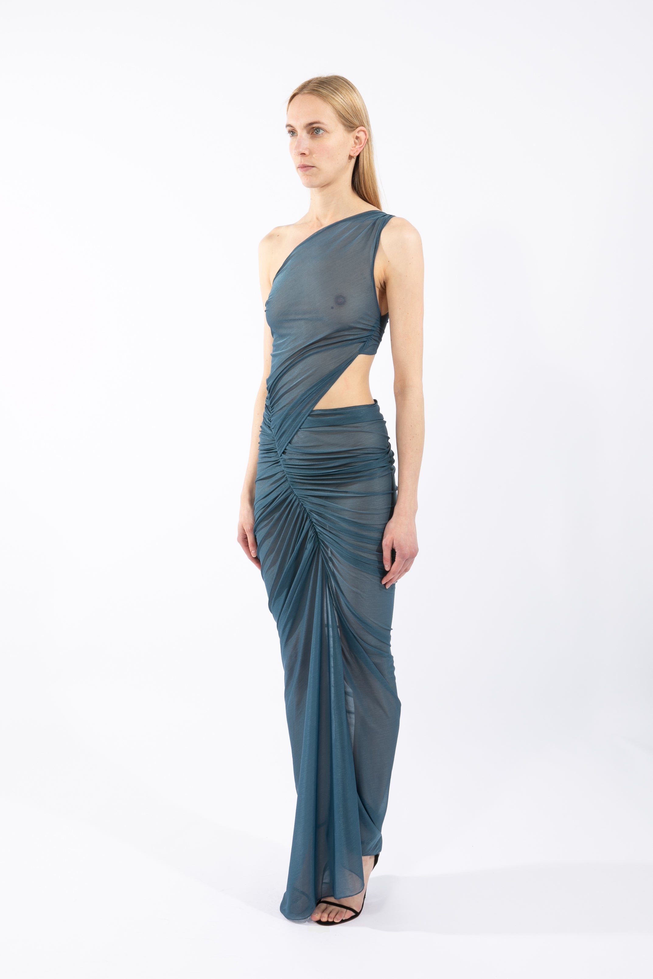 ATLEIN One Shoulder Ruched Cut-Out Gown in Blue