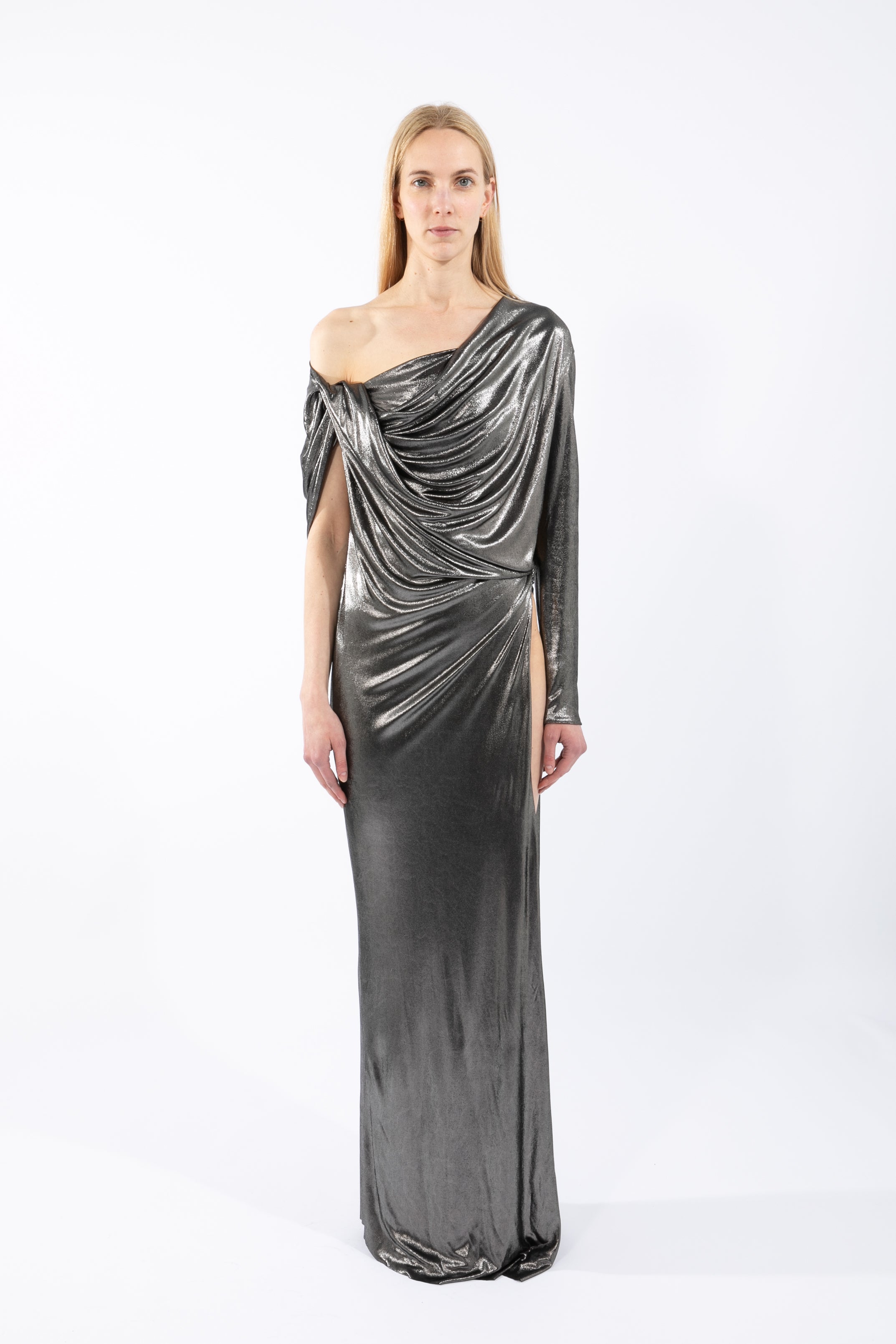 ATLEIN Draped Shoulder Twist Slit Dress