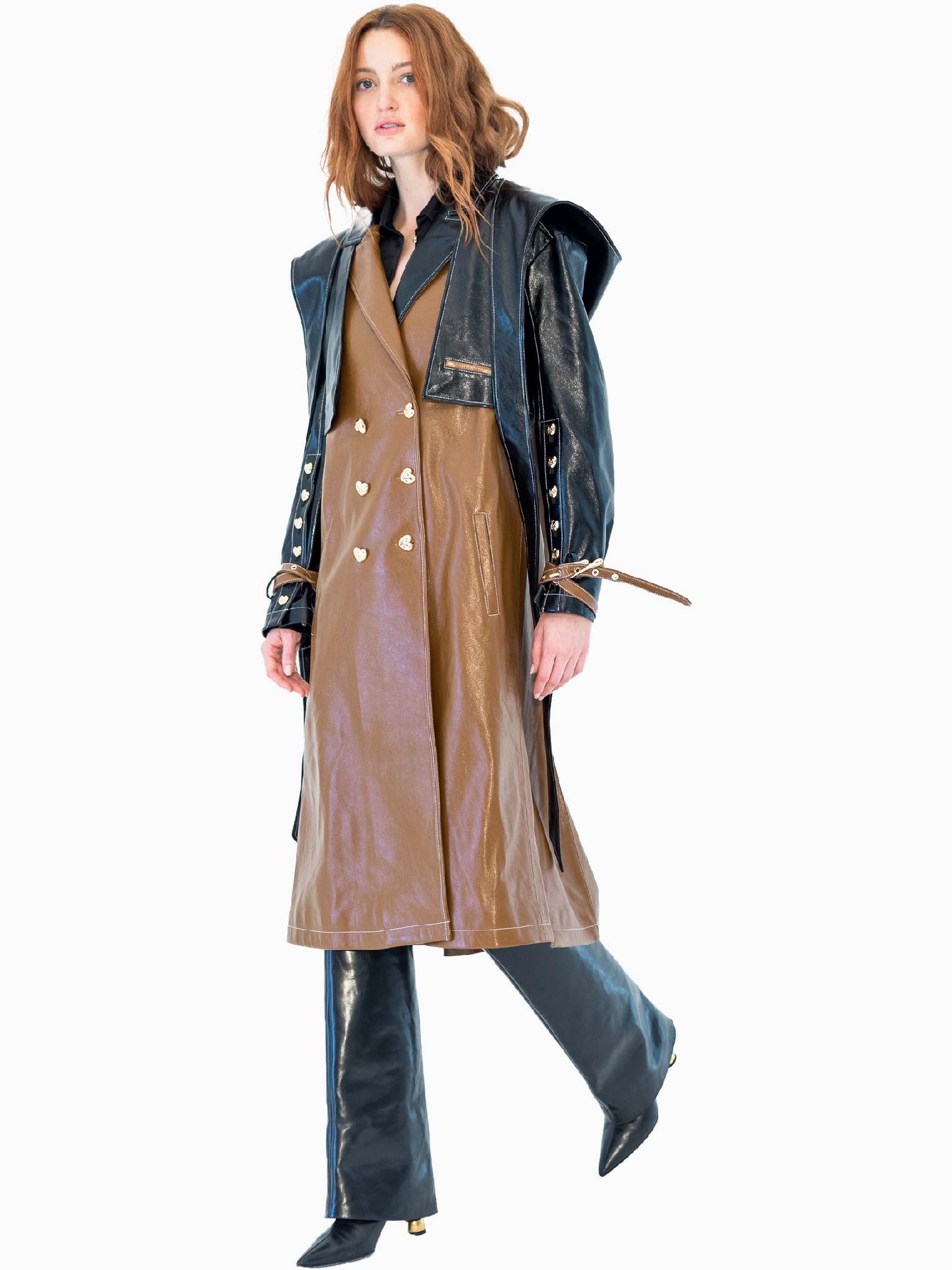 HAN WEN STUDIO Detachable Leather Hood Trench Coat in Brown