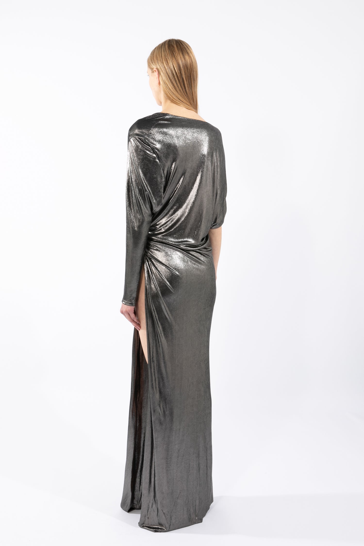 ATLEIN Draped Shoulder Twist Slit Dress