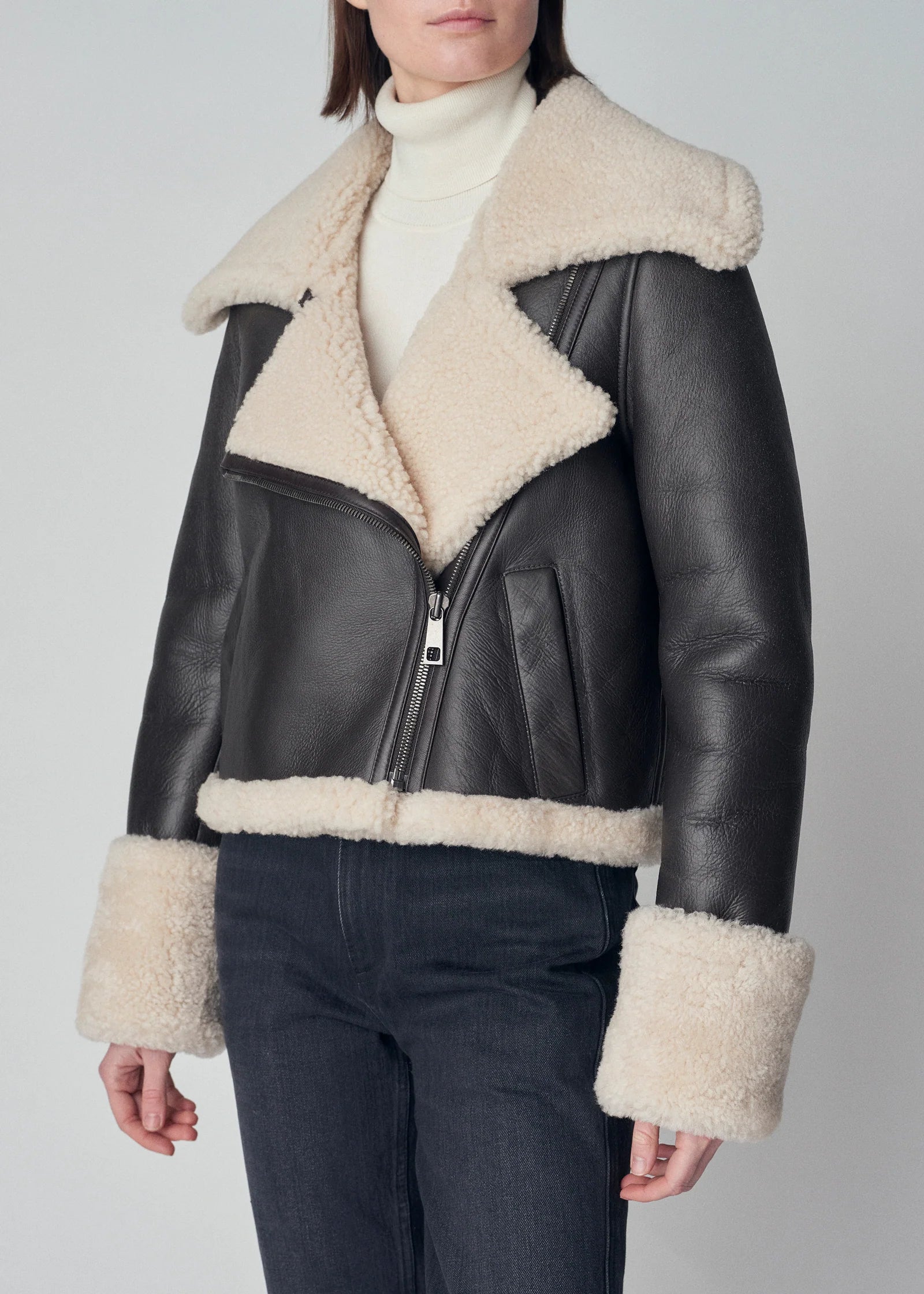CO Cropped Moto Jacket in Shearling Leather
