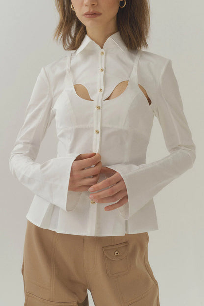 HAN WEN STUDIO Cotton Curve Cut-Out Pleated Shirt-White