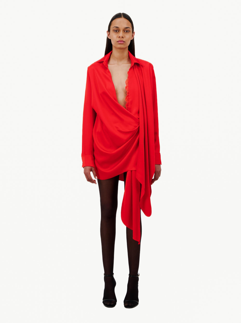 VAILLANT Draped Satin Shirt Style Wrap Dress