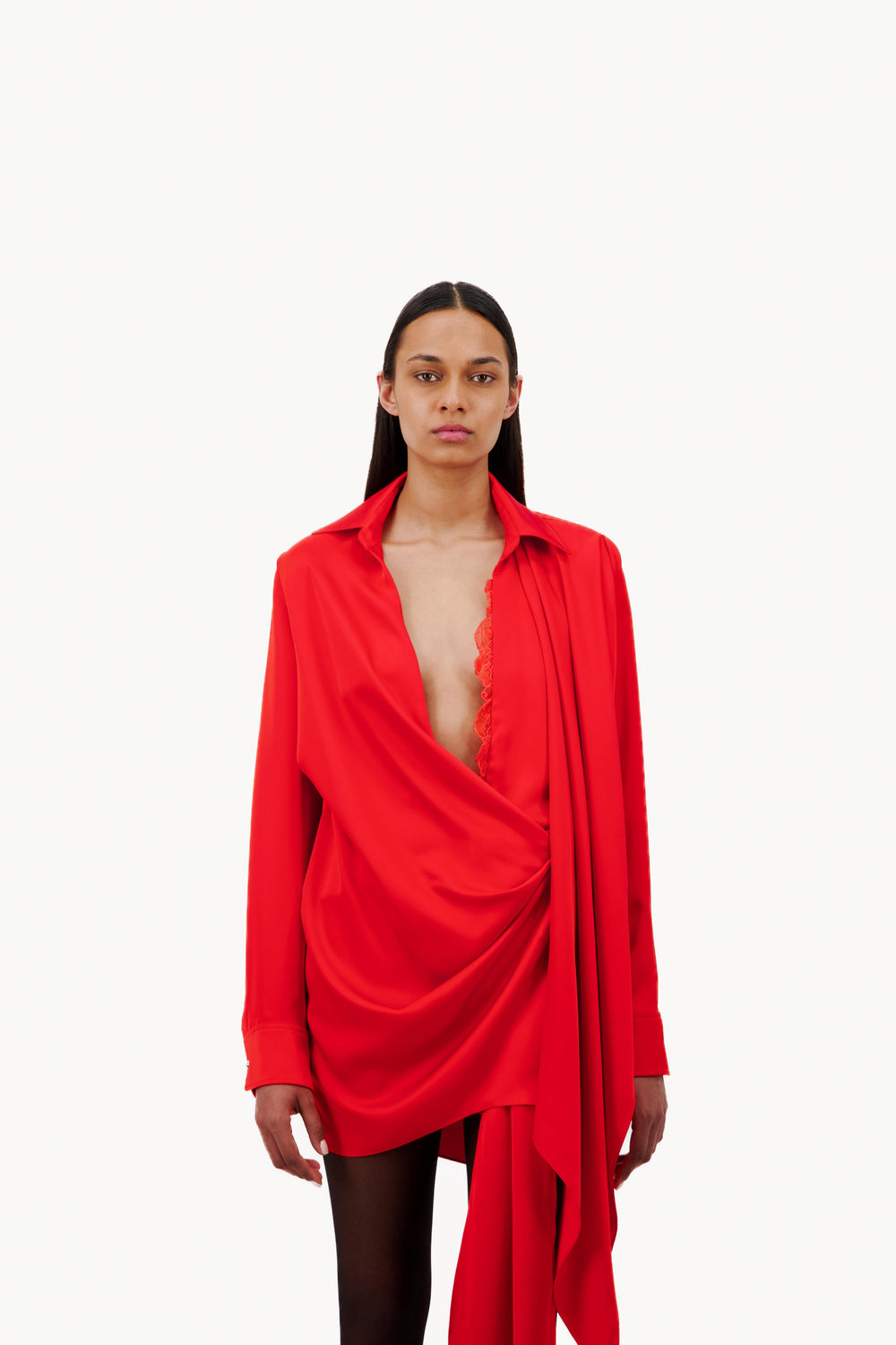 VAILLANT Draped Satin Shirt Style Wrap Dress