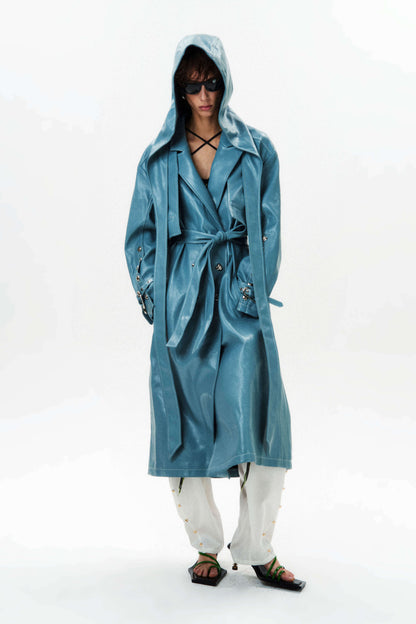 HAN WEN STUDIO Detachable Leather Hood Trench Coat in Blue