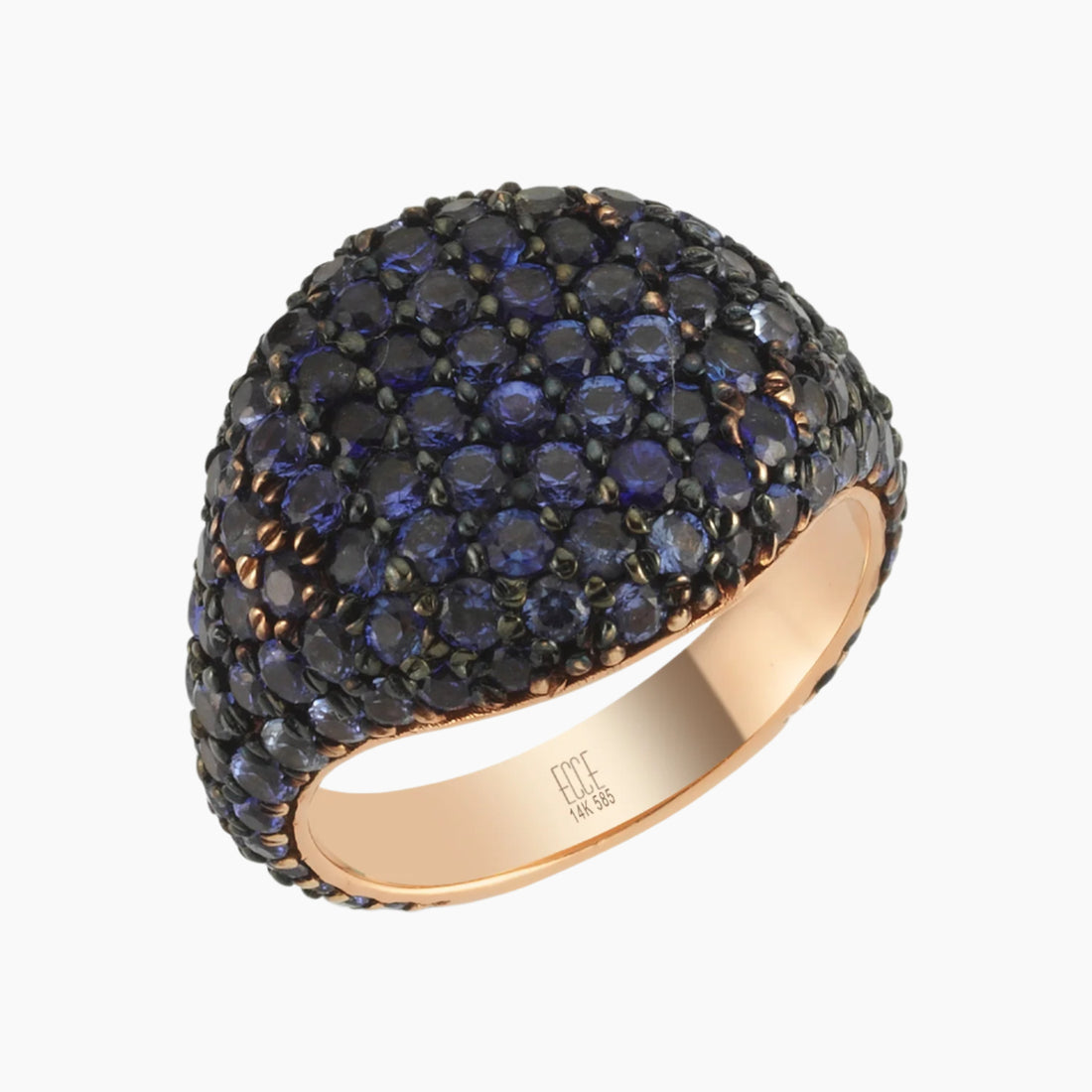 A ring with a blue sapphire stone surrounded by smaller blue sapphire stones, all set in rose gold band.