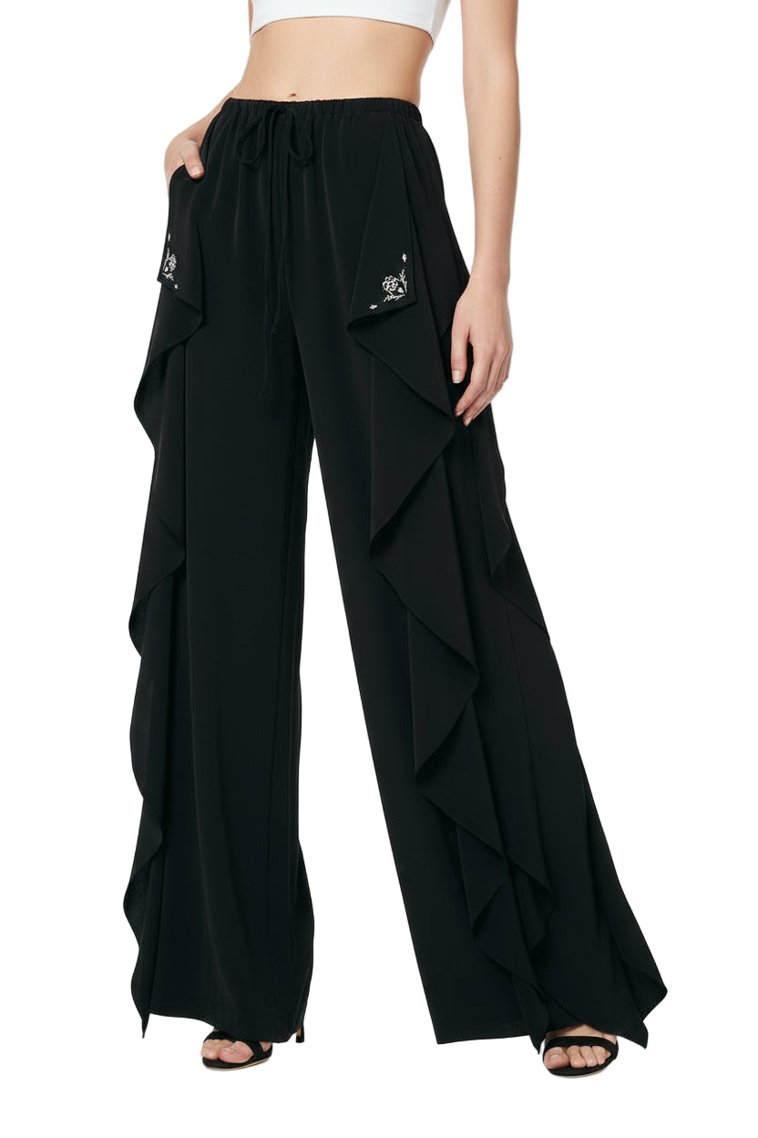 FETICO Lace Paneled Ruffle Trousers