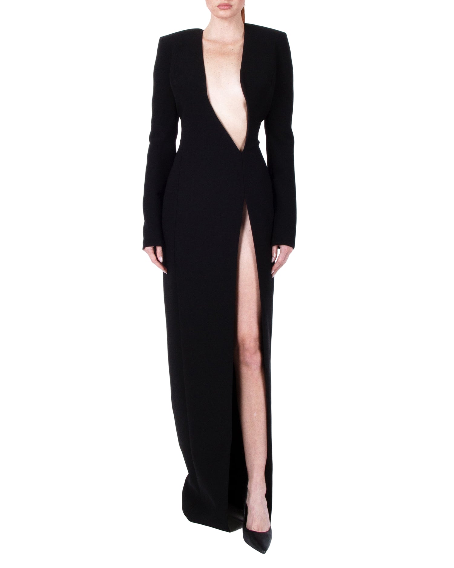 Monot Asymmetrical V-Neck High Slit Dress 6 / Black Monot Asymmetrical V-Neck High Slit Dress 6 / Black