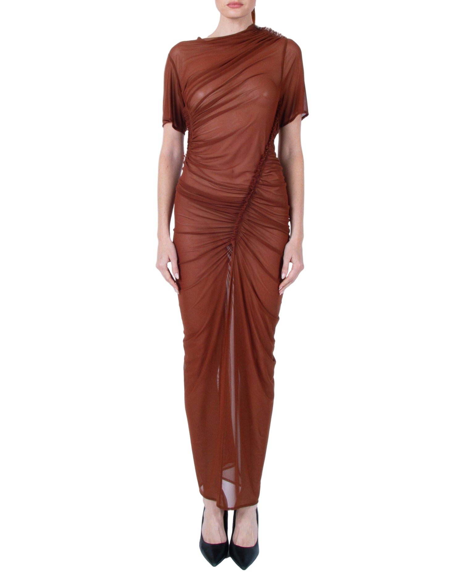 ATLEIN Asymmetric Ruched Midi Dress Brown / 40 ATLEIN Asymmetric Ruched Midi Dress Brown / 40