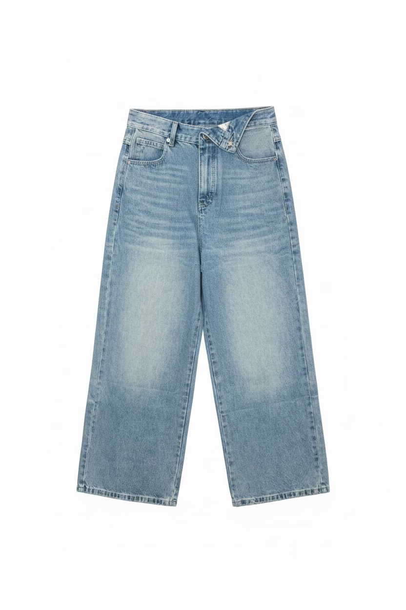 HAN WEN STUDIO Foldover Button Waist Denim Jeans