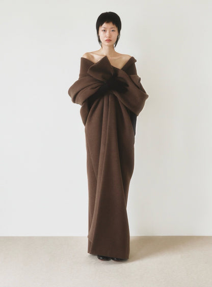 GIA STUDIOS Dark Brown Wool Draped Shawl Lapel Long Coat