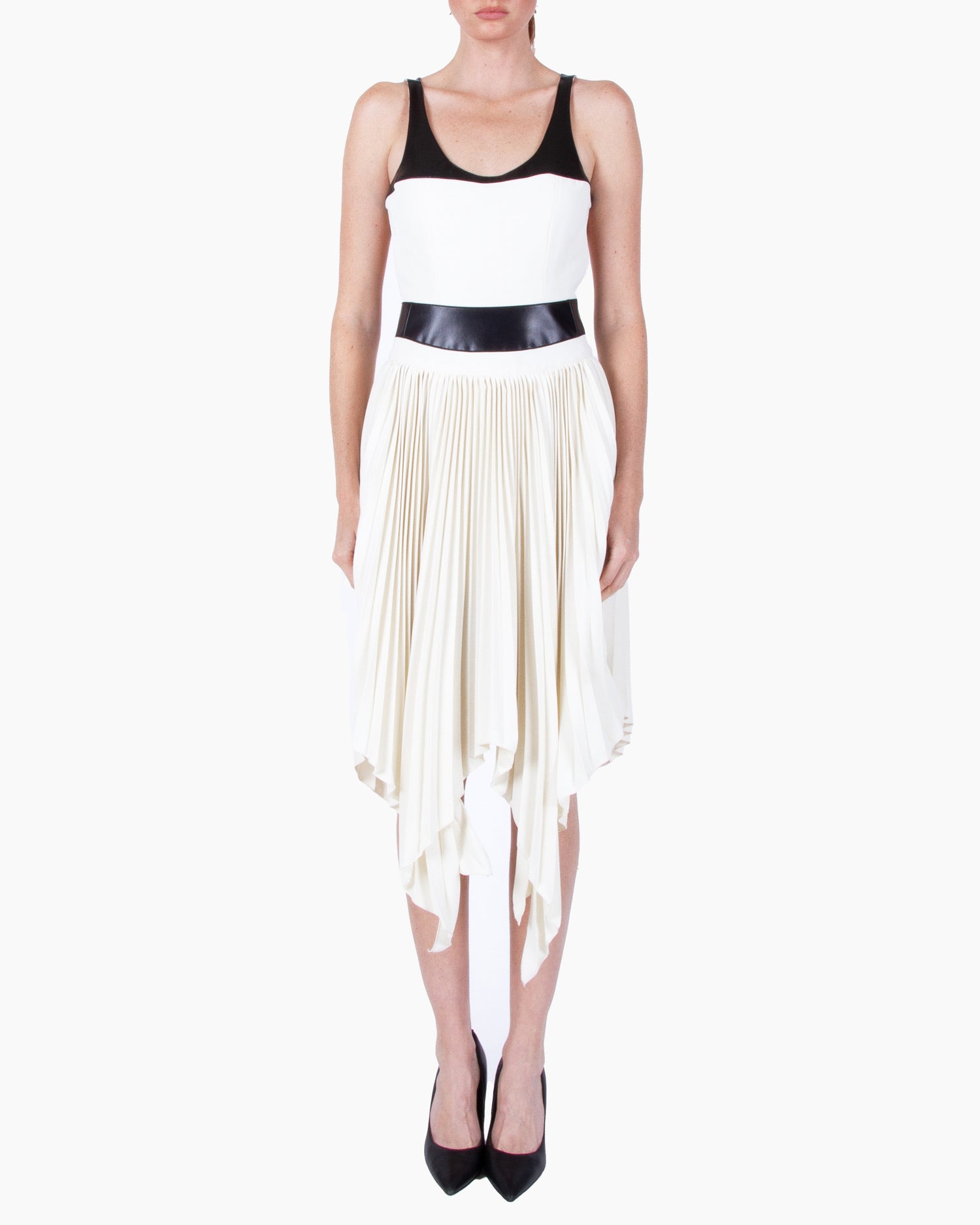 HAN WEN Open-Back Leather-Blocking Dress in Black and White