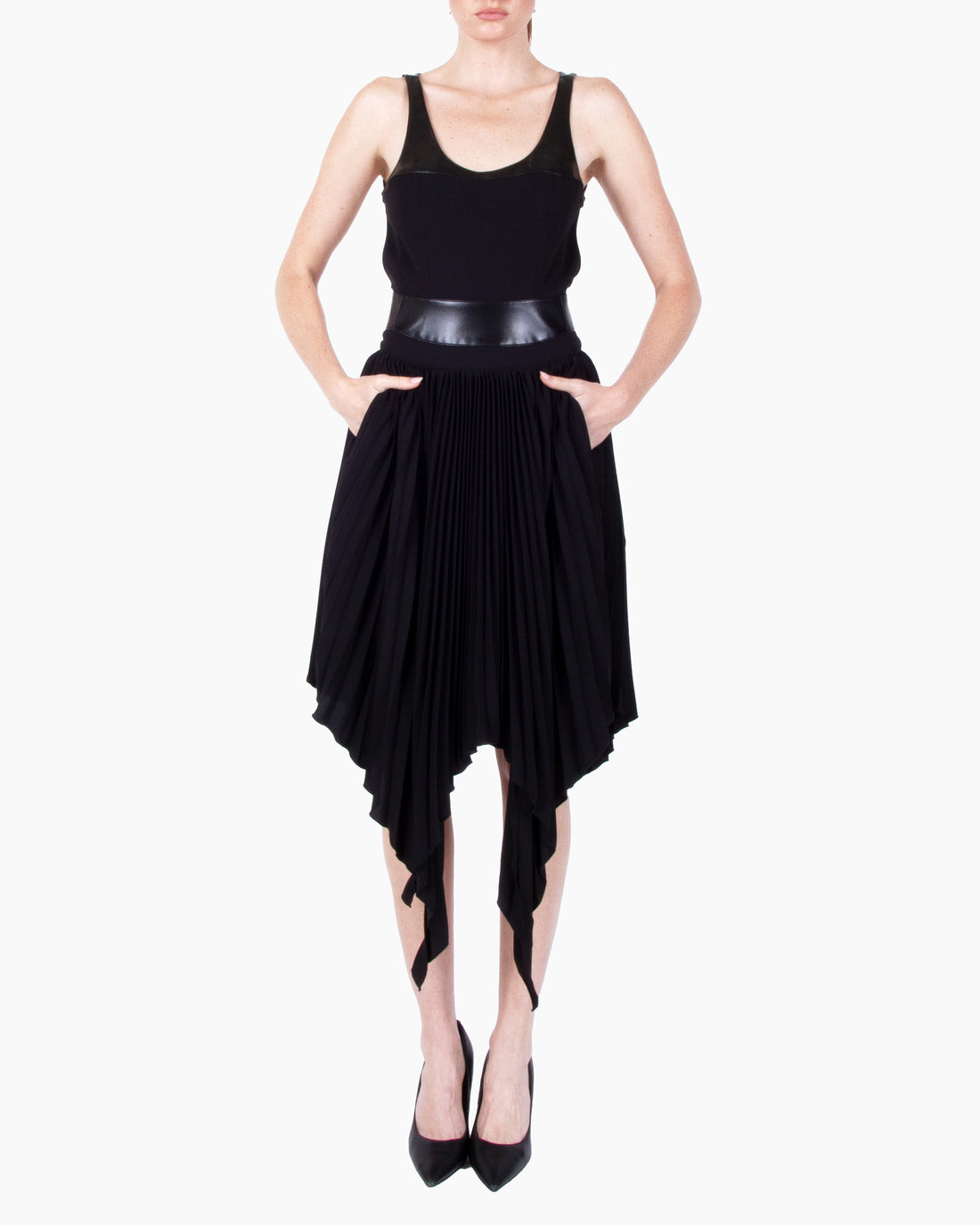 HAN WEN Open-Back Leather Blocking Dress in Black