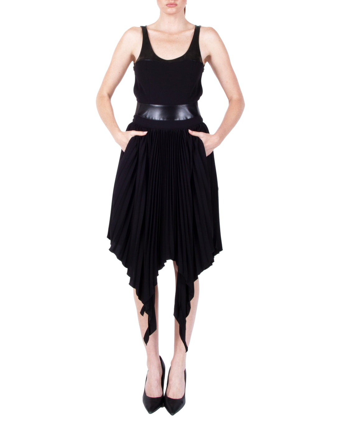 HAN WEN Open-Back Leather Blocking Dress in Black