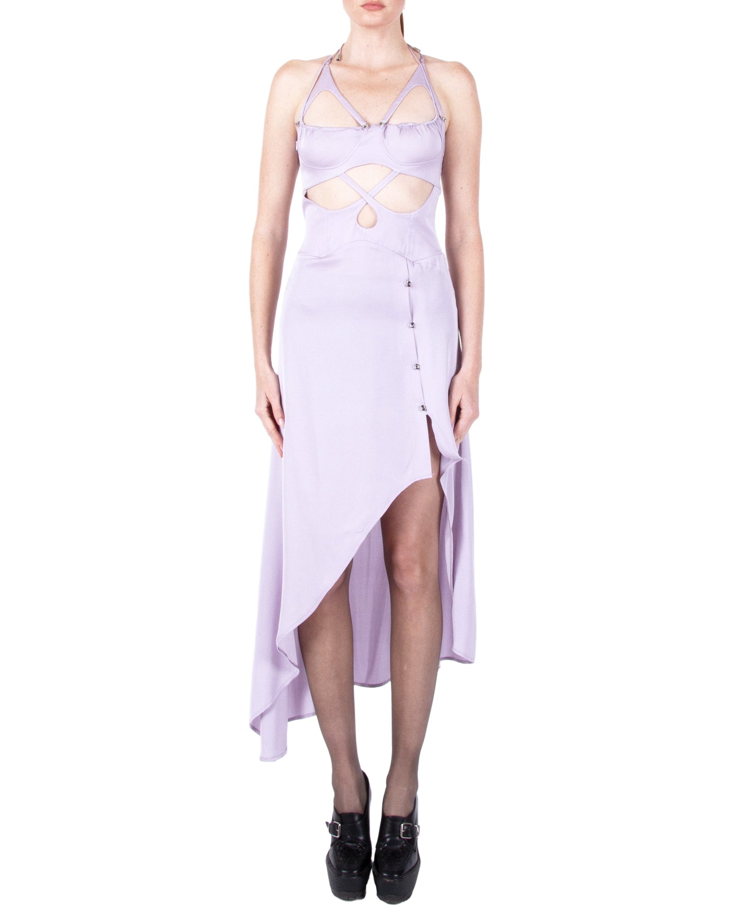 Han Wen Silk Oval Cut-Out Corset Dress in Lavender Lavender / Xs Han Wen Silk Oval Cut-Out Corset Dress in Lavender Lavender / Xs