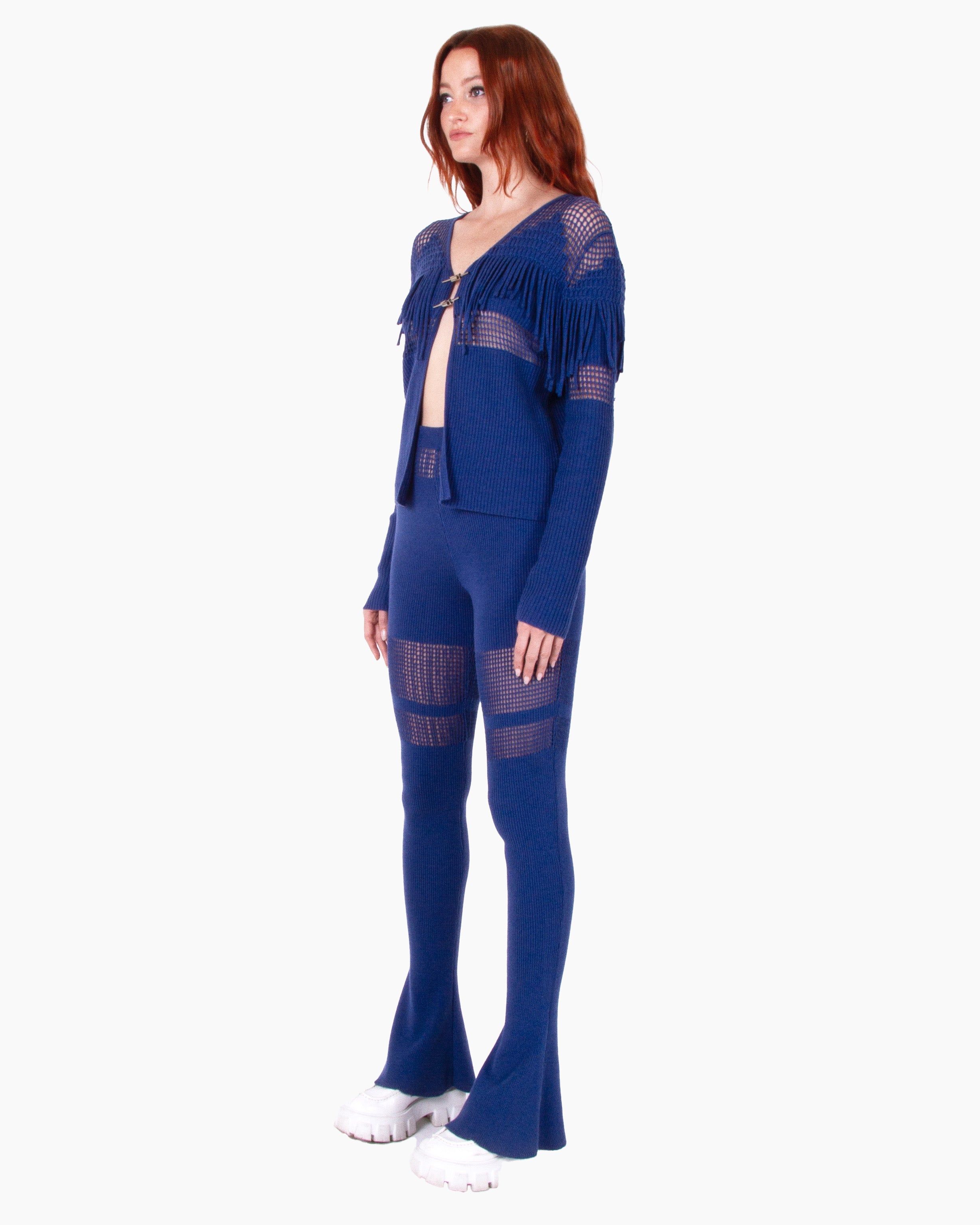 HAN WEN STUDIO Mesh Fringe Cardigan in Blue