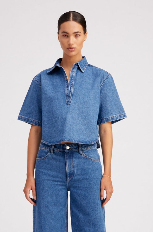 SPRWMN Cropped Oversized Henley in Denim