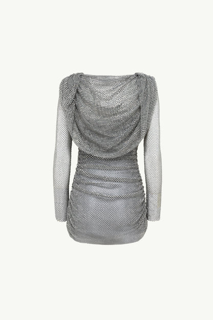 GIUSEPPE DI MORABITO Long Sleeve Hooded Mini Dress In Crystal Net