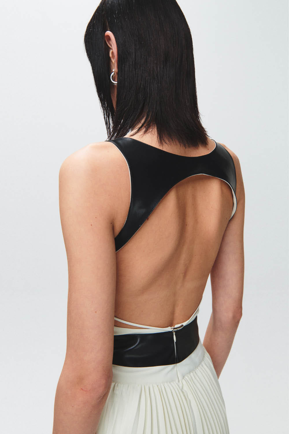 HAN WEN Open-Back Leather-Blocking Dress in Black and White